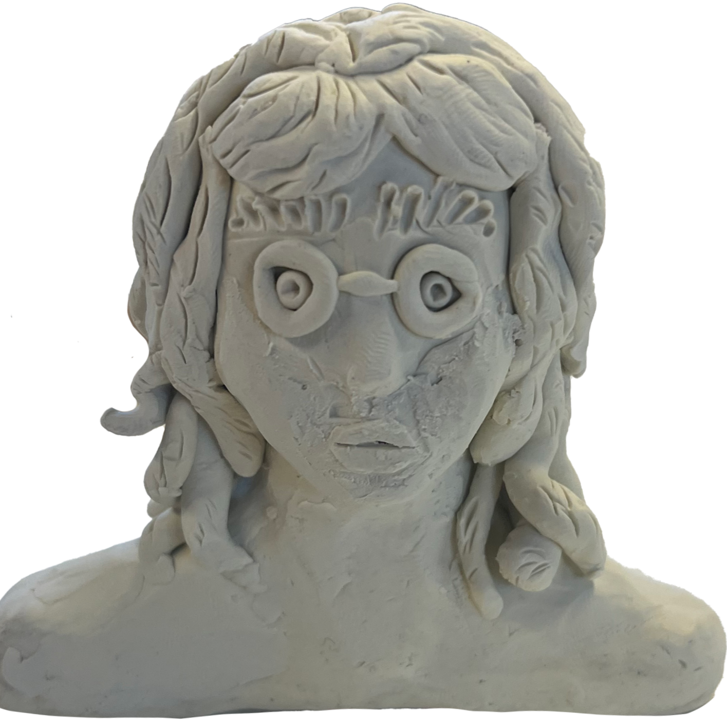 White clay sculpture of a woman with glasses, wearing a cap, with braided hair, and an expressionless face.