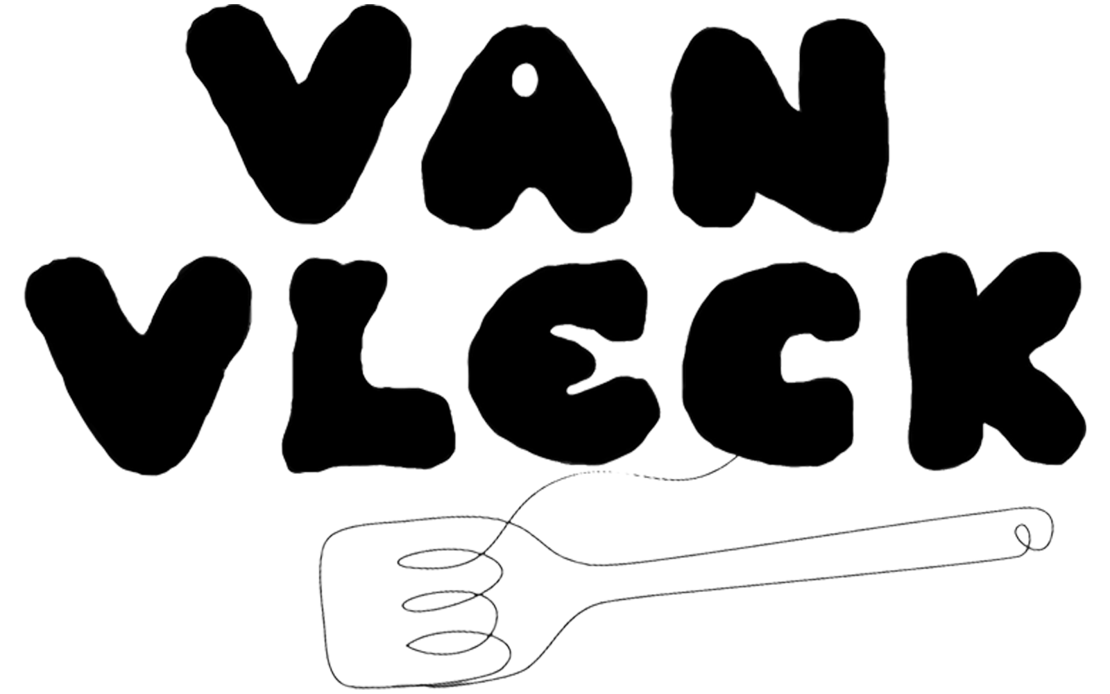 Text in black letters reads "VAN VIEC?" and a simple line drawing of a fork is below the text.
