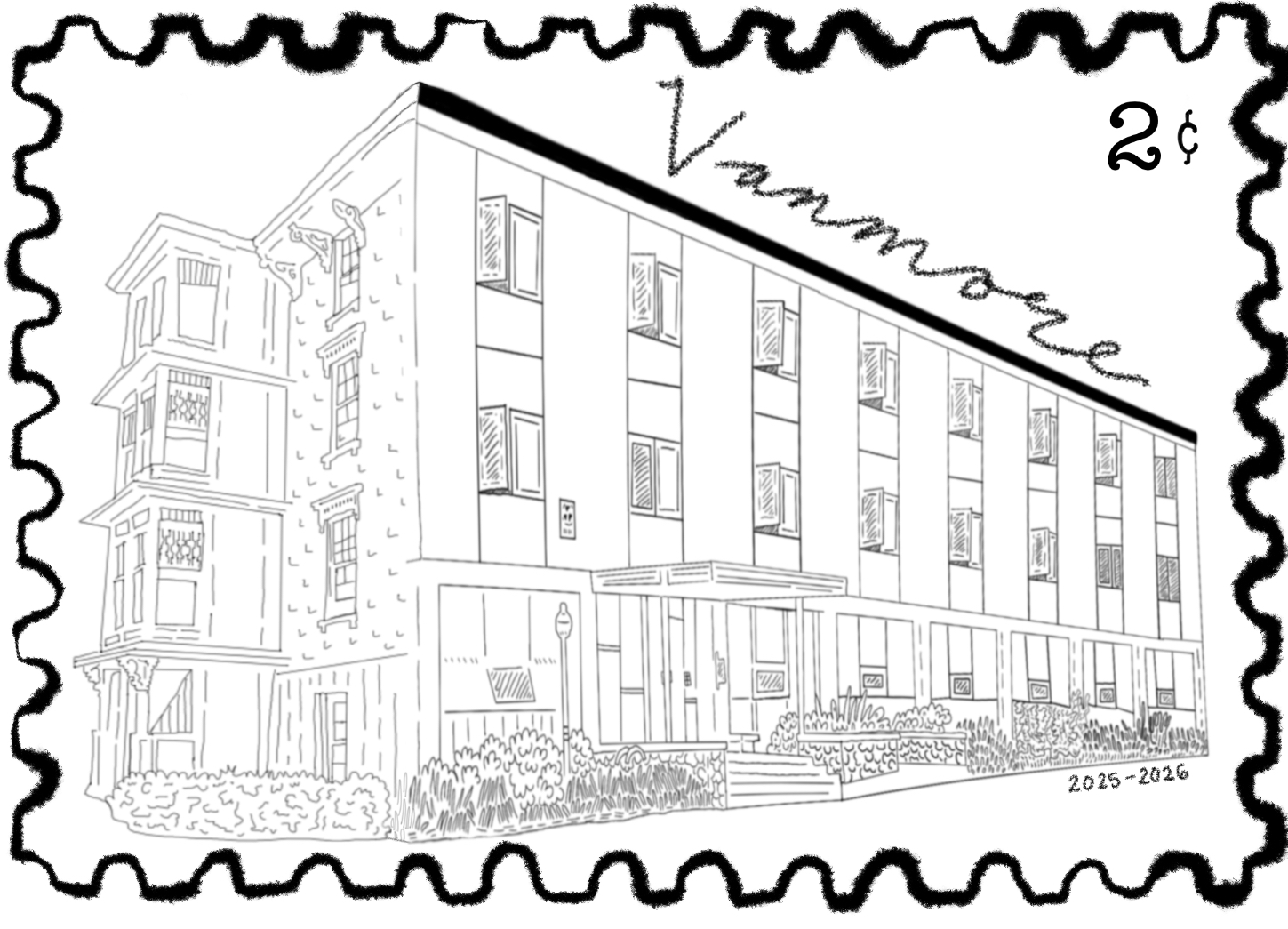A black and white illustration of a modern apartment building with plants and steps at the entrance, and a traditional Victorian-style house to the side, with a border resembling a postage stamp and the denomination '2c' at the top right corner.