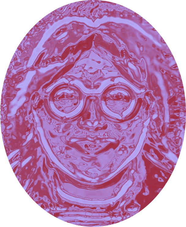 Stylized digital illustration of a smiling woman wearing glasses with long hair, rendered in shades of pink and purple.