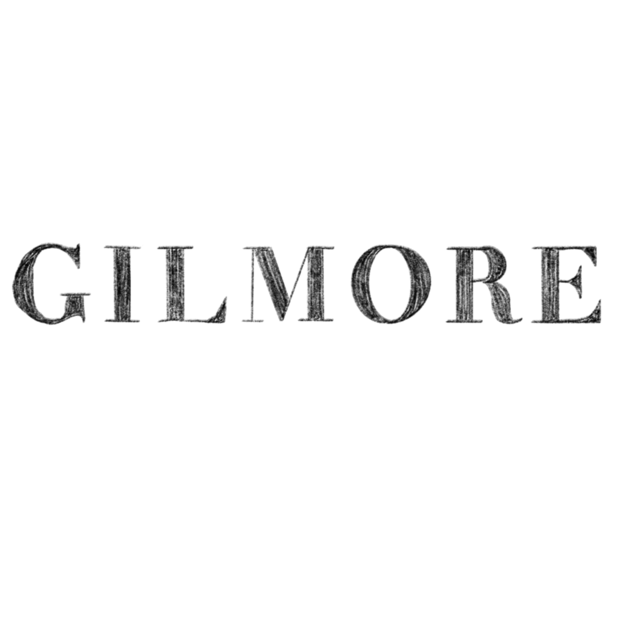 The word 'GILMORE' written in black, textured, vintage-style font on a white background.