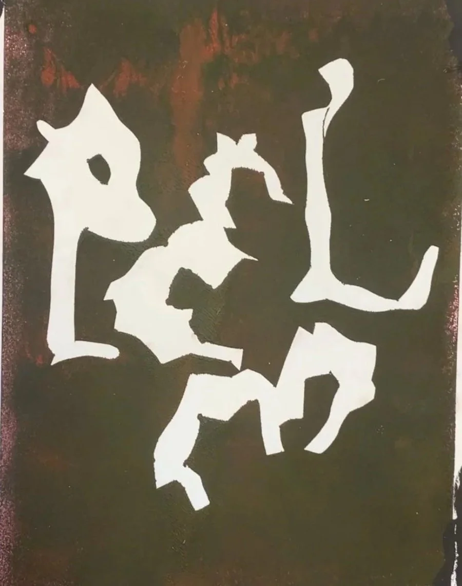 Abstract artwork with white shapes on a dark background.