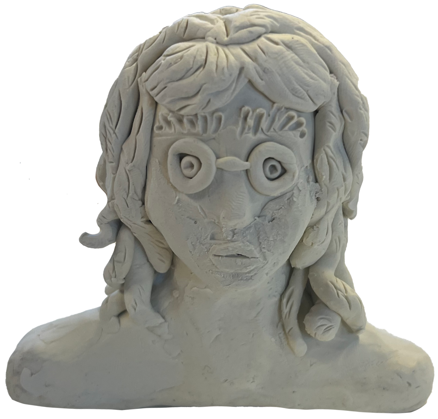 A white clay sculpture of a woman with glasses, long wavy hair, and a long neck, with the words 'MIND AND' inscribed at the top of her forehead.