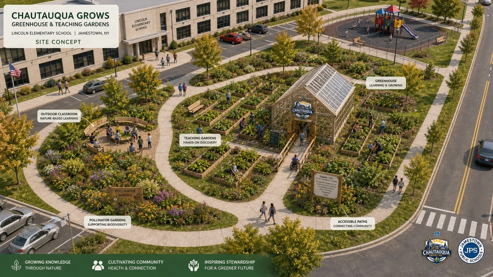 Bird's eye view of Lincoln Elementary School in Jamestown, NY, with a growing community garden area labeled 'Chautauqua Grows' featuring greenhouses, teaching gardens, pollinator gardens, and an outdoor classroom, all surrounded by trees, pathways, and parking. Children and adults are engaging in gardening activities, walking, and playing.