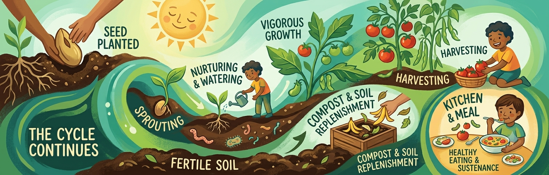 Illustration of the cycle of growing vegetables, starting with seed planting, nurturing and watering, vigorous growth, harvesting, and ending with a person eating a healthy meal. The cycle continues with compost and soil replenishment, seed planting again, and nurturing.