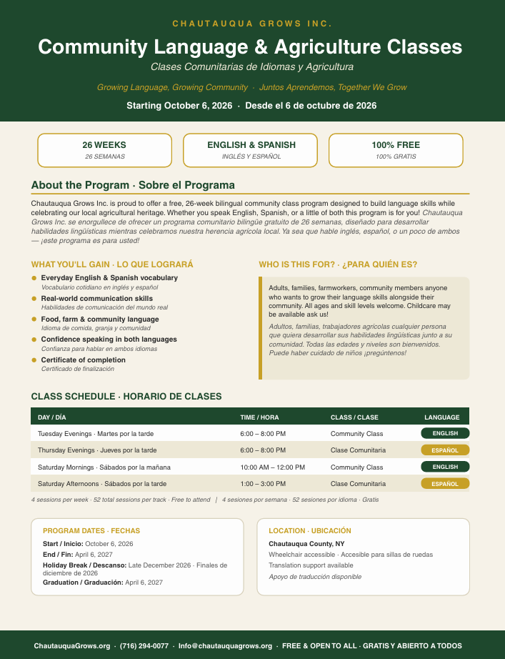 Flyer for Chautauqua Grows Inc.'s Community Language & Agriculture Classes, starting October 6, 2026, with bilingual options in English and Spanish. Classes include weekly community and beginner classes, free of charge, held in Chautauqua County, NY. Schedule details and program dates provided.