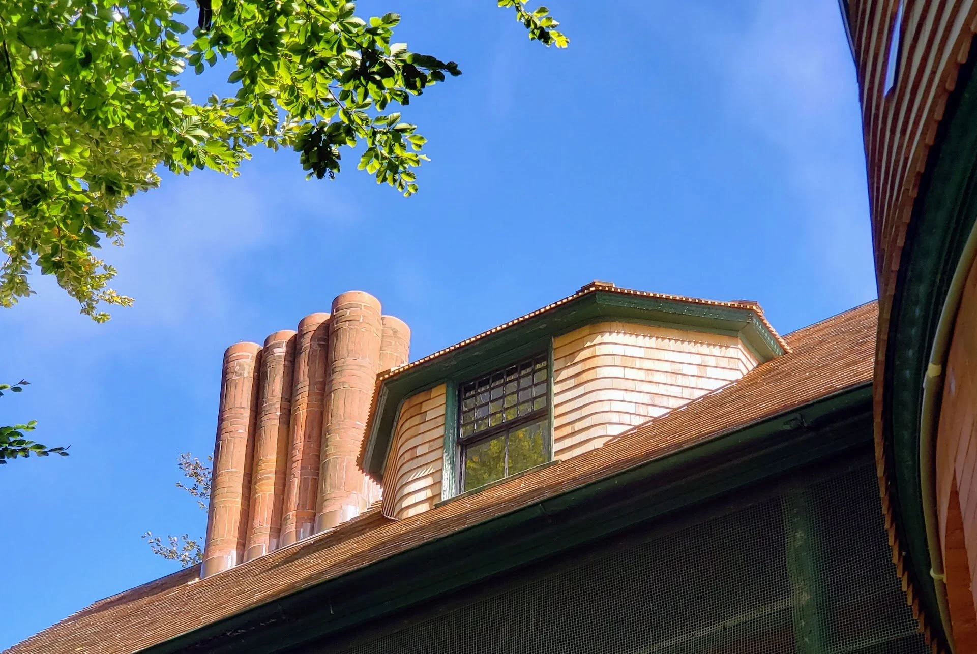 View of the roof and chimney of a house with a bay window and trees, under a clear blue sky.