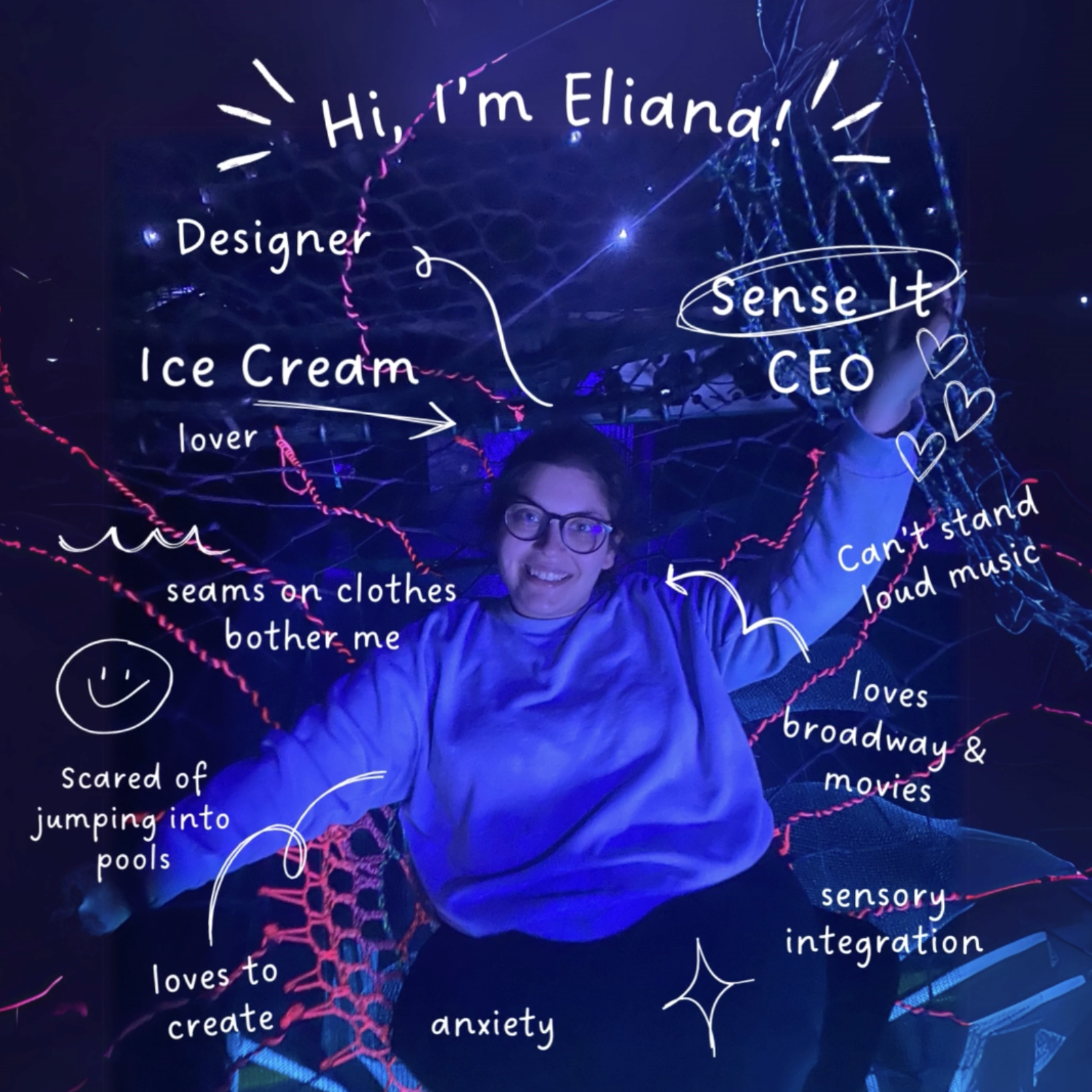A woman smiling and raising her arm inside a dark, neon-lit space with various handwritten notes and annotations around her, describing her personality and interests.