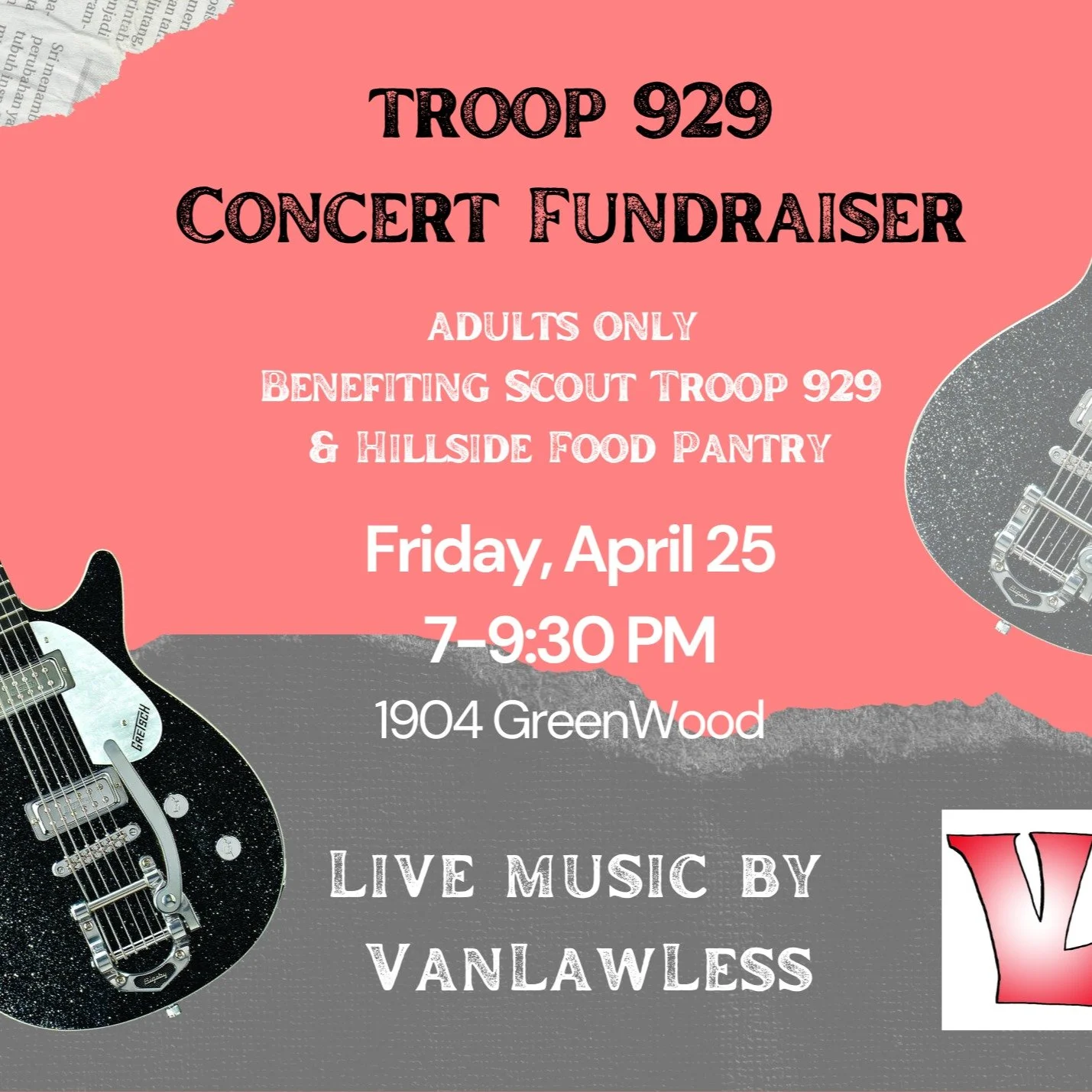 Our parents are looking forward to our annual adults-only fundraiser this Friday!

Shout out to a great band, VanLawless, who generously host us in their rehearsal space and rock out to help us support our High Adventure program and our food pantry p