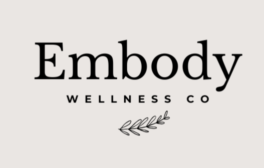 Logo for Embody Wellness Co with black text and a small decorative leaf illustration on a light gray background.
