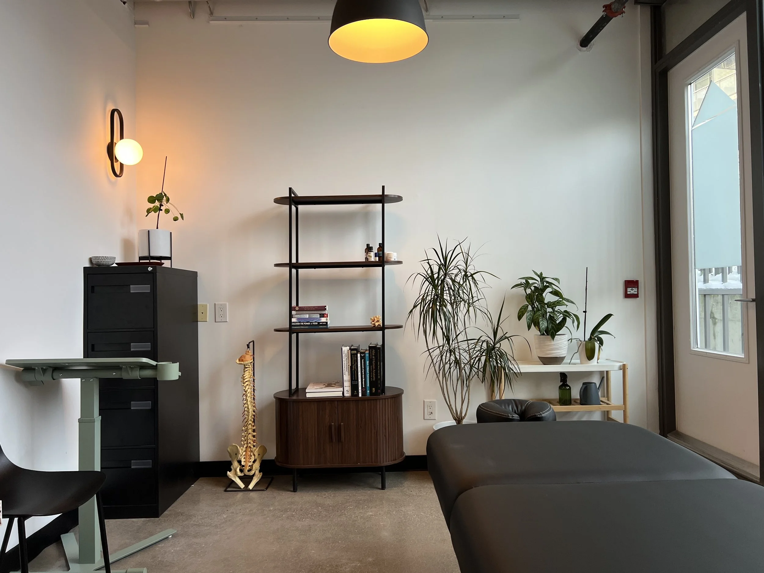 Interior of a room with a black filing cabinet, a floating shelf, and several potted plants next to a white table with a bottle, and a black massage table.