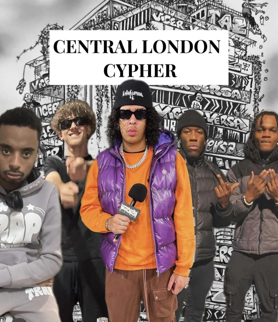 Vicer and 4 young men standing in front of a graffiti-covered wall, with a central figure holding a microphone and wearing sunglasses, a purple vest, and an orange shirt, with the text 'Central London Cypher' in bold on the image.