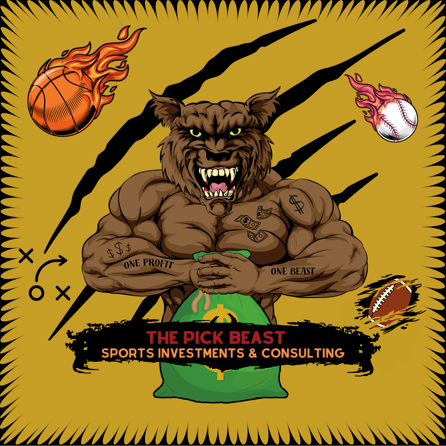 A muscular beast with a lion's head and upper body, holding a bag of money, against a yellow background with black claw marks. The beast has tattoos, including dollar signs, and the phrase "One Profit, One Beast" on arms. Flying sports balls—a basketball, baseball, and football—surround it. A black banner with red text reads "The Pick Beast Sports Investments & Consulting."