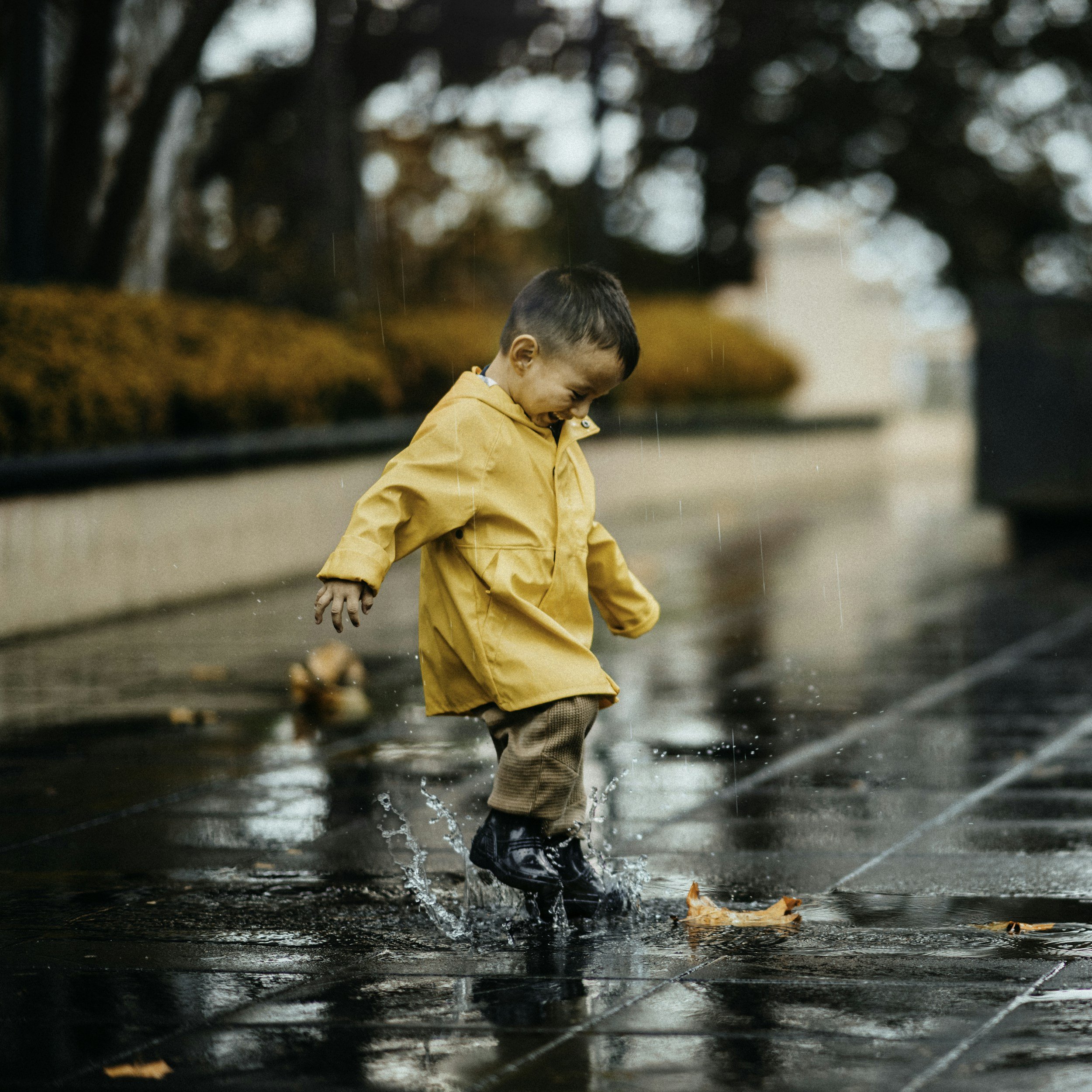 Young boy in a yellow raincoat playing in a puddle with fallen leaves on a wet city sidewalk during rainy autumn day.
