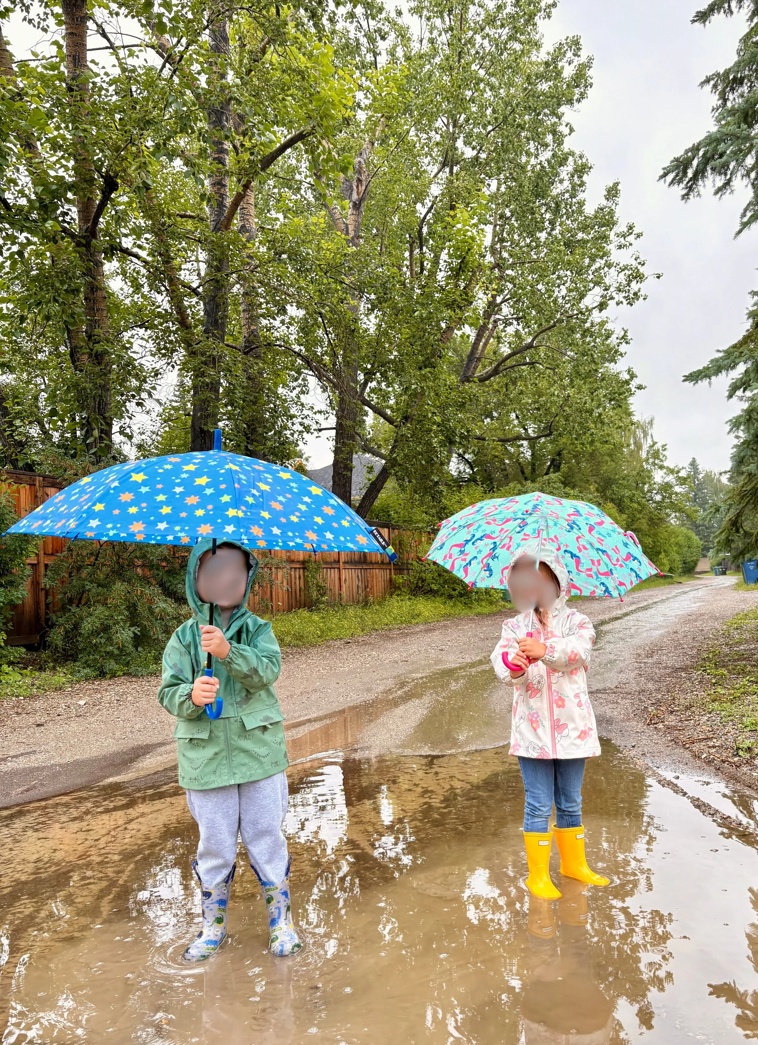 Two children holding umbrellas stand in a puddle on a rainy day, surrounded by trees and a fence.