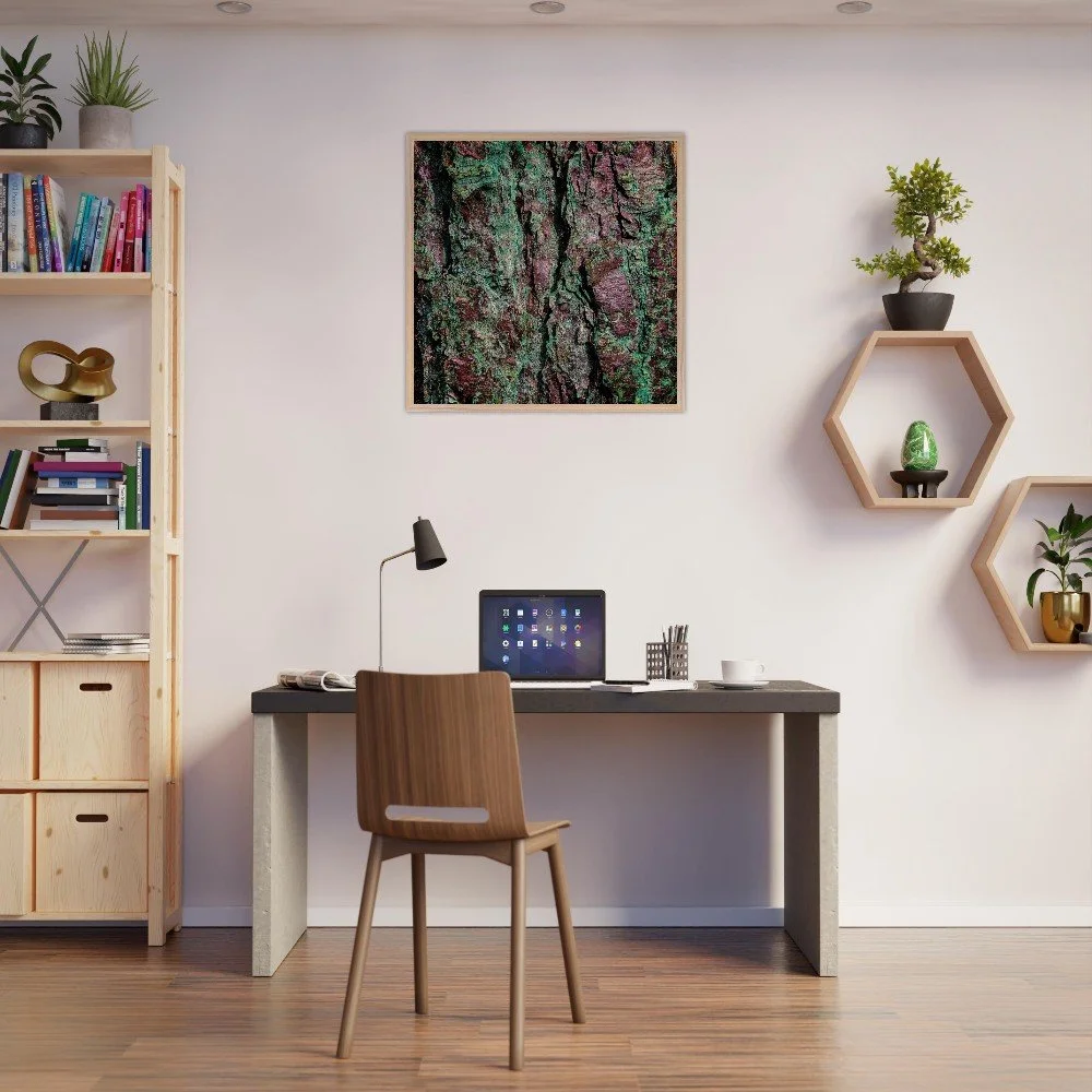 Home office with a desk, laptop, and chair, alongside wall-mounted shelves with plants and decorations.