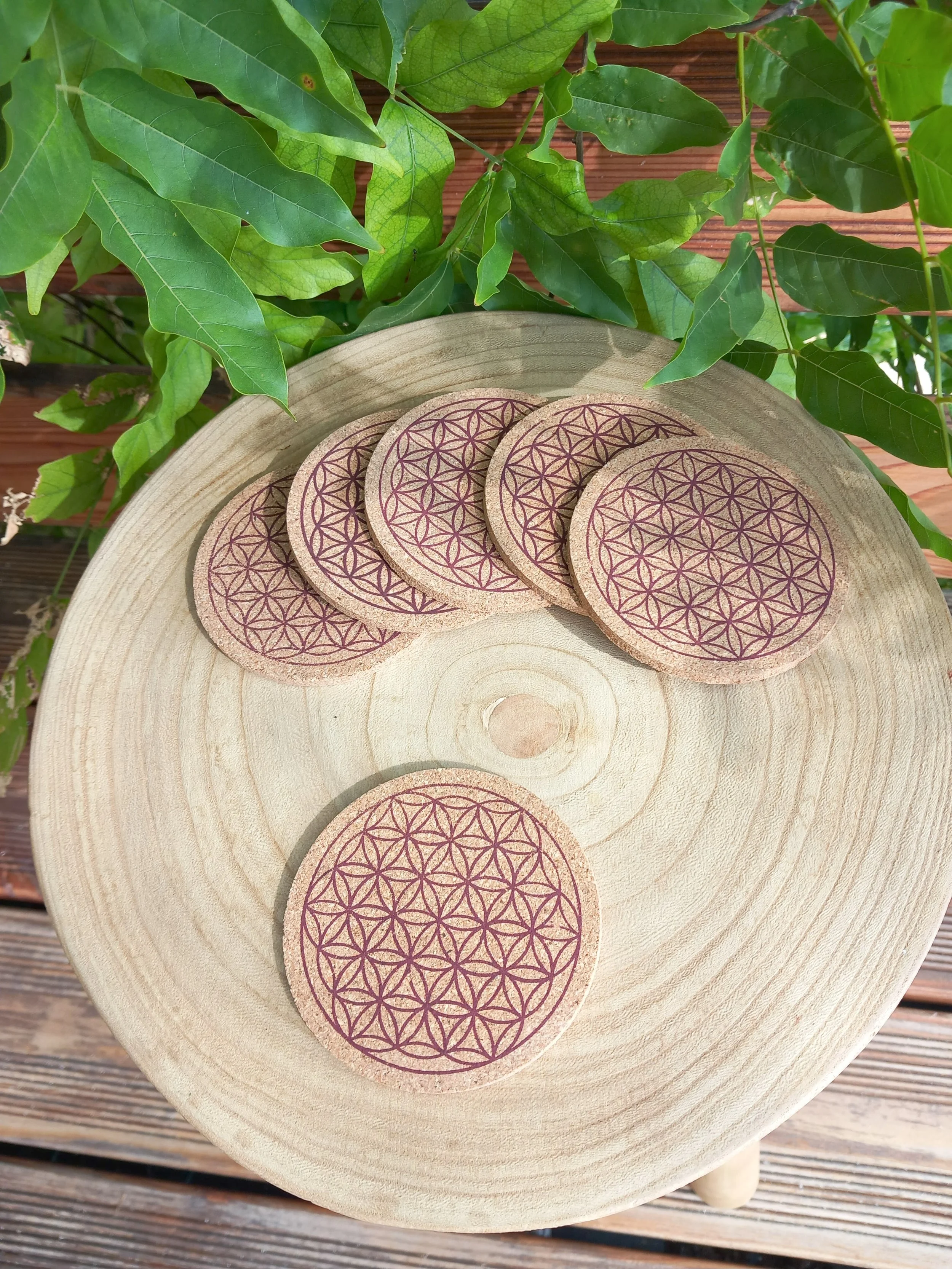 Sous-verres / Plaque de recharge Fleur de Vie en liège 8 cm