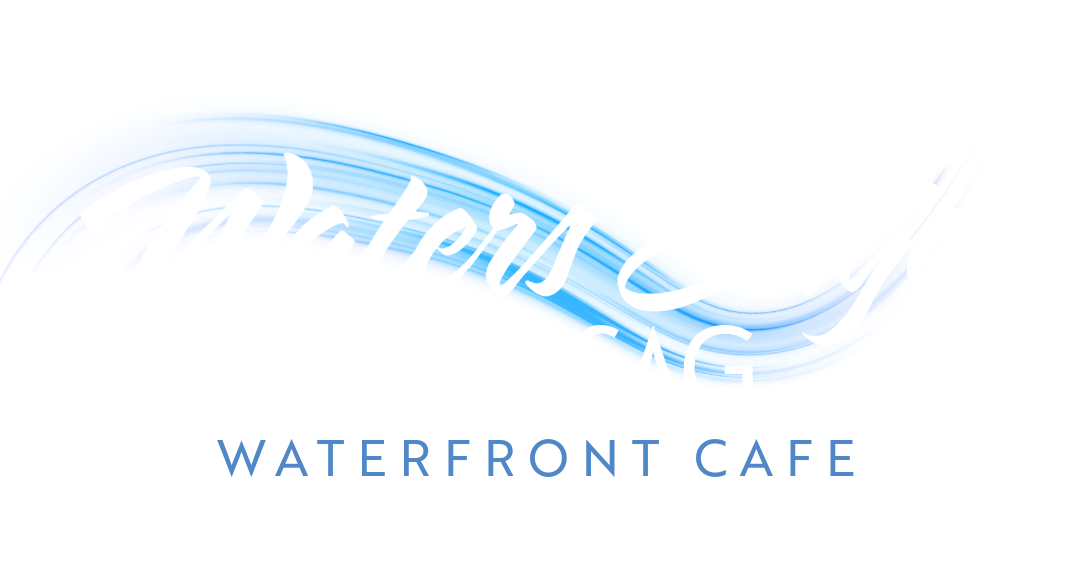 Close-up of a blue logo for Waters Edge Tag, featuring stylized text and a wave design.