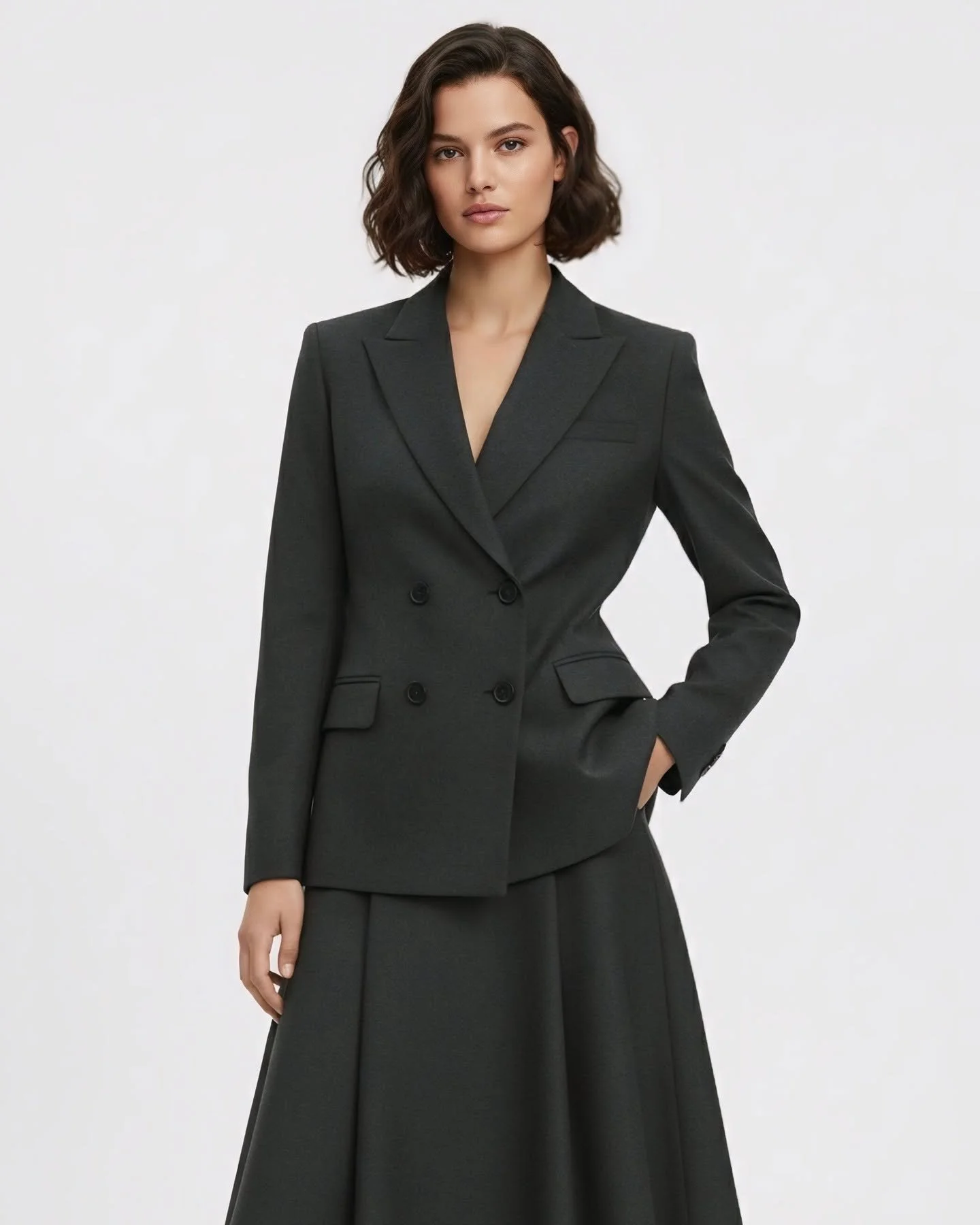 Cendr, quiet authority, cut to perfection. A double-breasted jacket with a nipped waist; a full midi skirt that moves like sculpture. Charcoal calm, effortless power. For days you write the rules softly. 

Explore our September Collection on mozaique