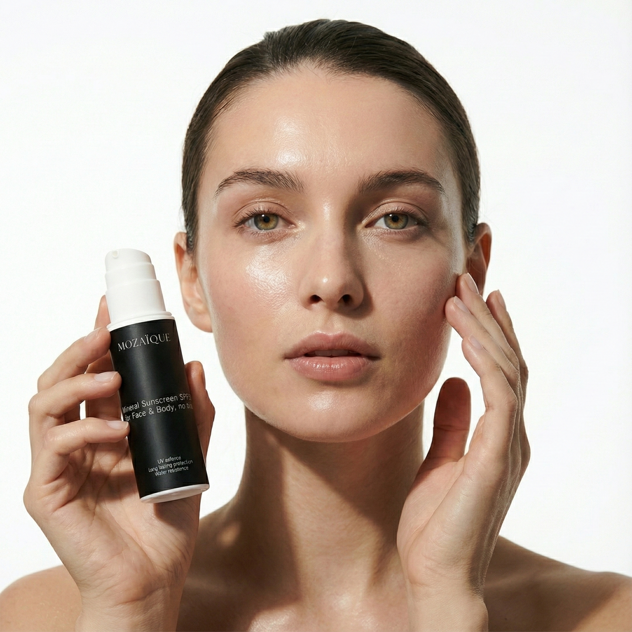 A woman with clear skin holding a bottle of mineral sunscreen SPF in front of a white background.