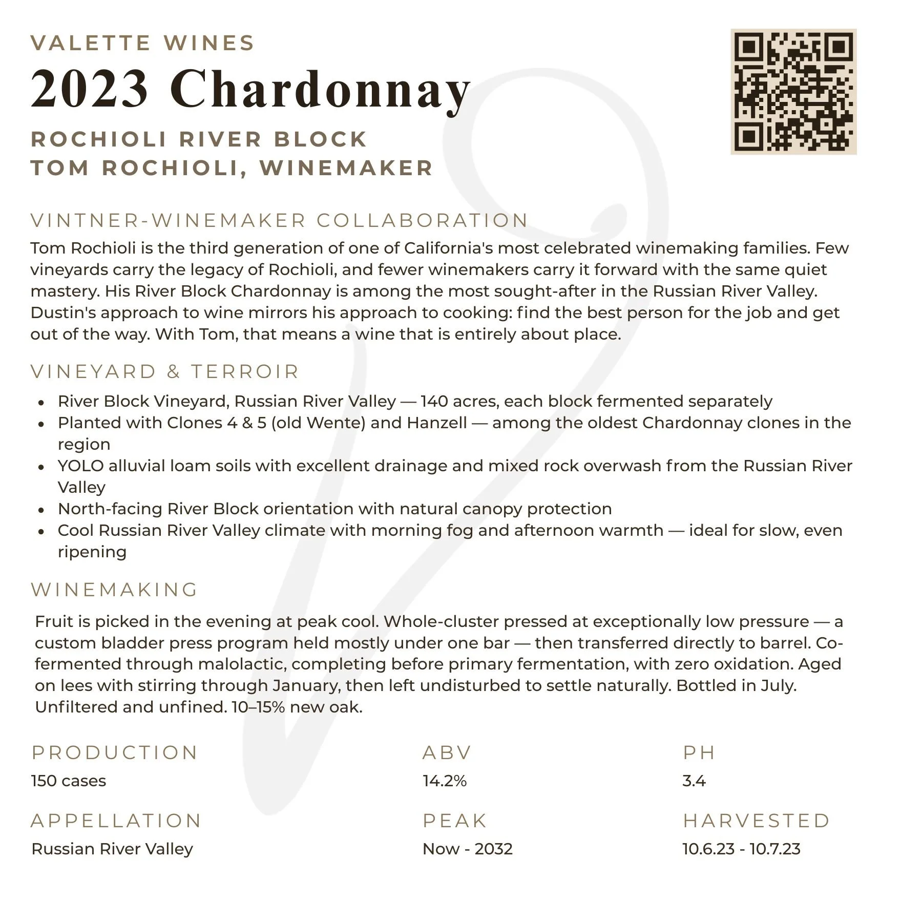 2023 Valette Rochioli Chardonnay tech sheet