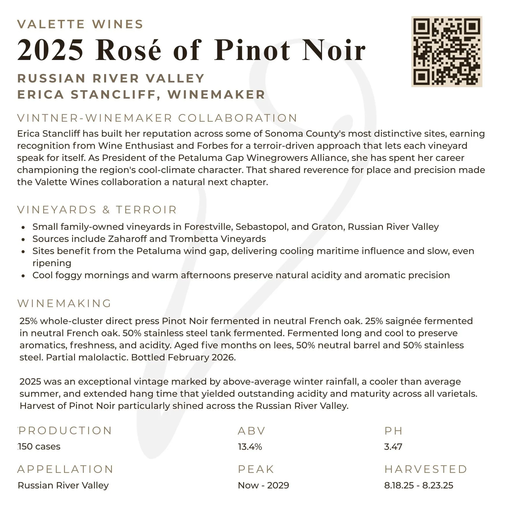 2025 Valette Rosé of Pinot Noir tech sheet