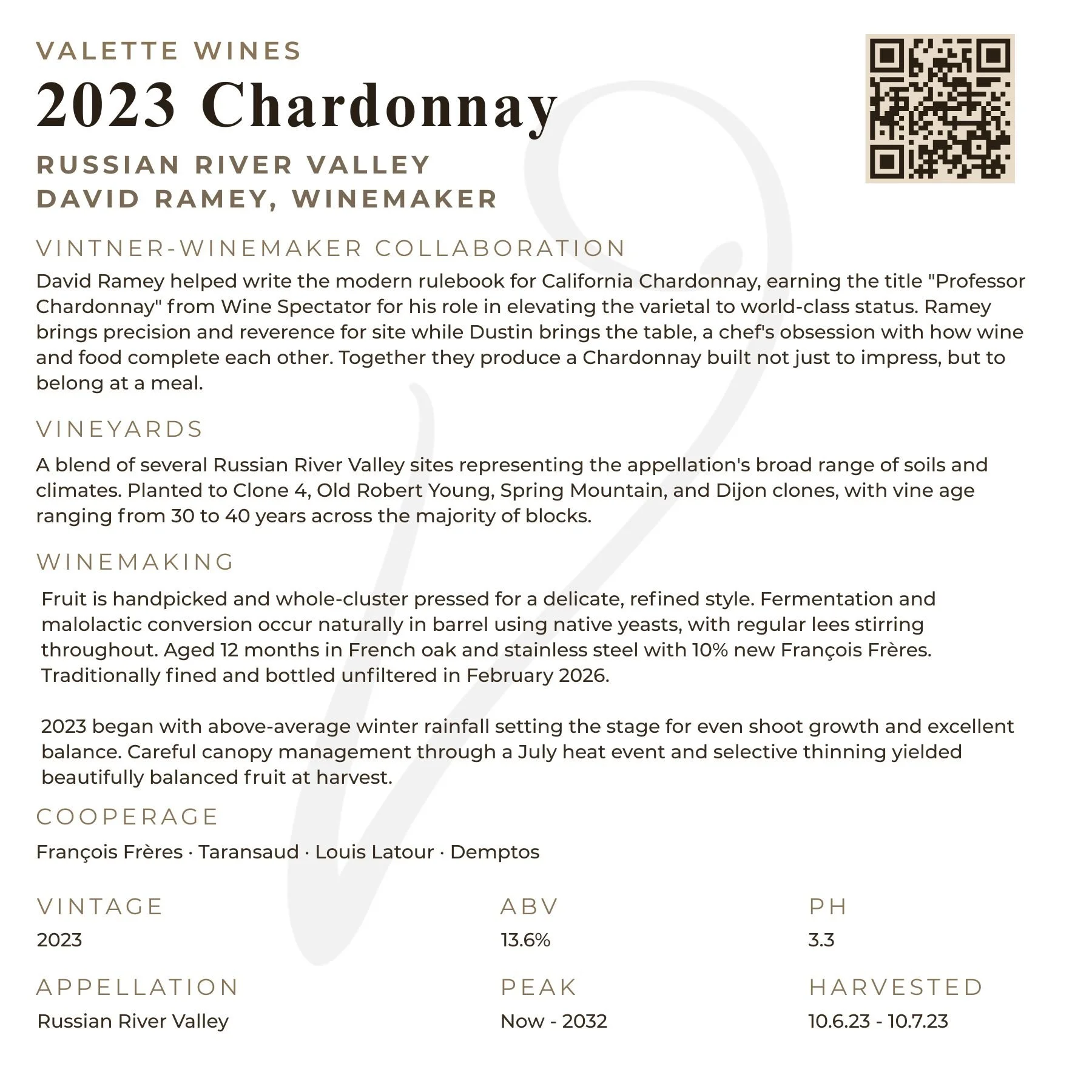 2023 Valette Chardonnay tech sheet