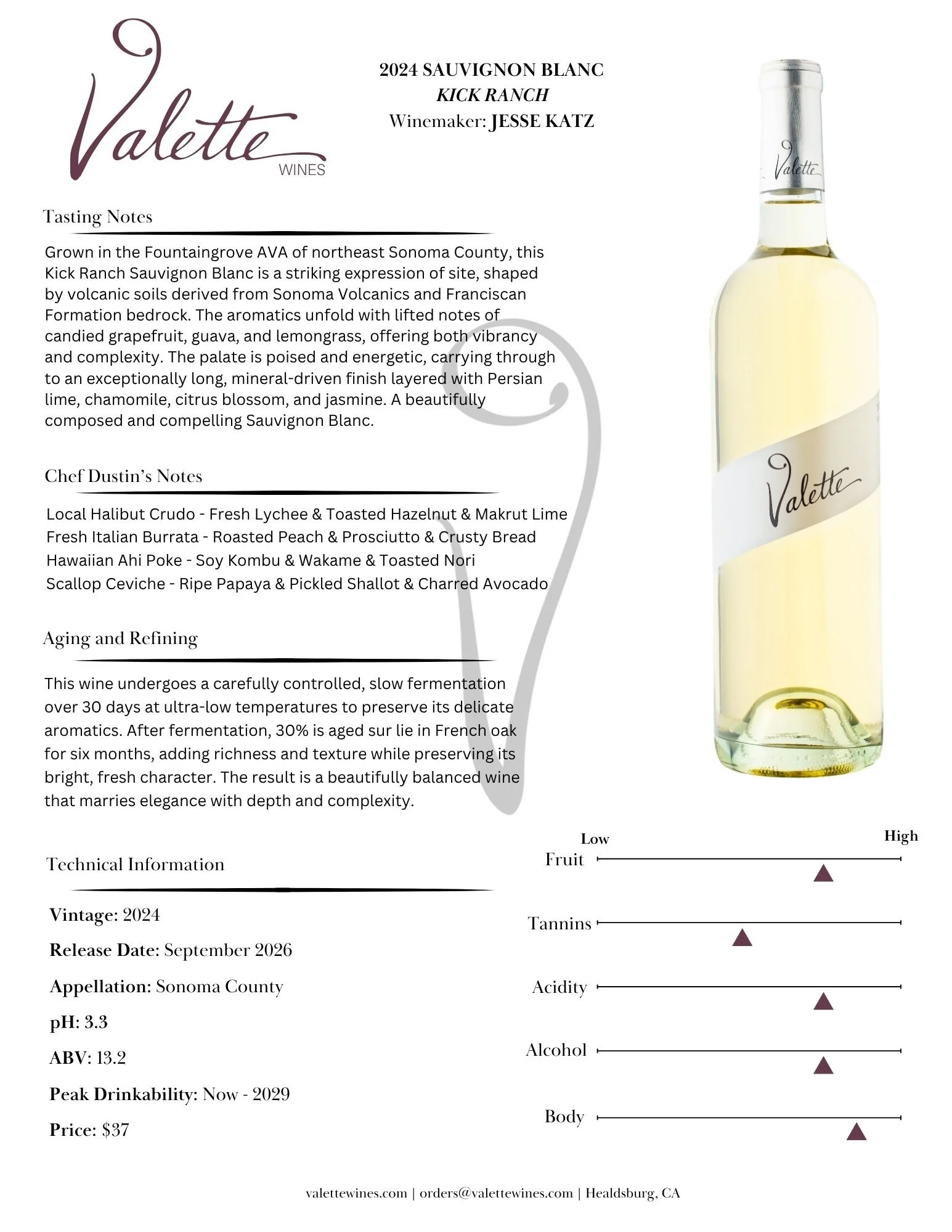 2024 Valette Sauvignon Blanc tasting notes sheet