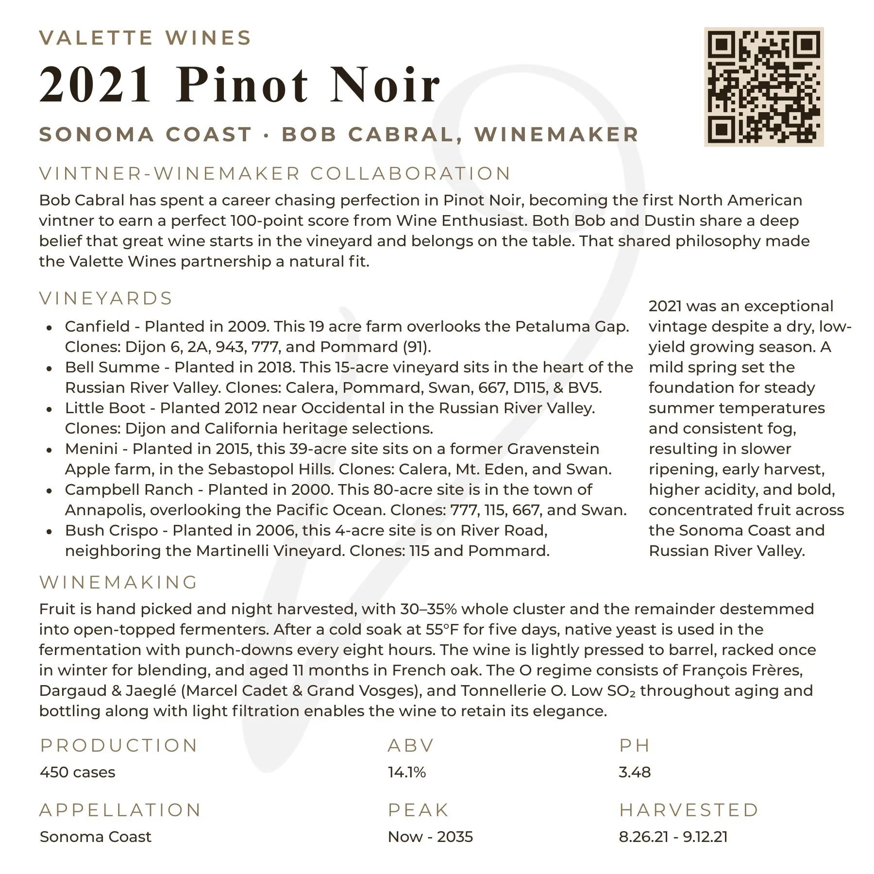 2021 Valette Sonoma Coast Pinot Noir tech sheet