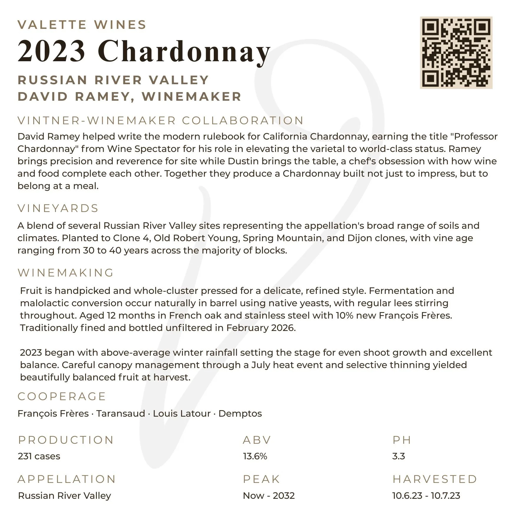 2023 Valette Chardonnay tech sheet