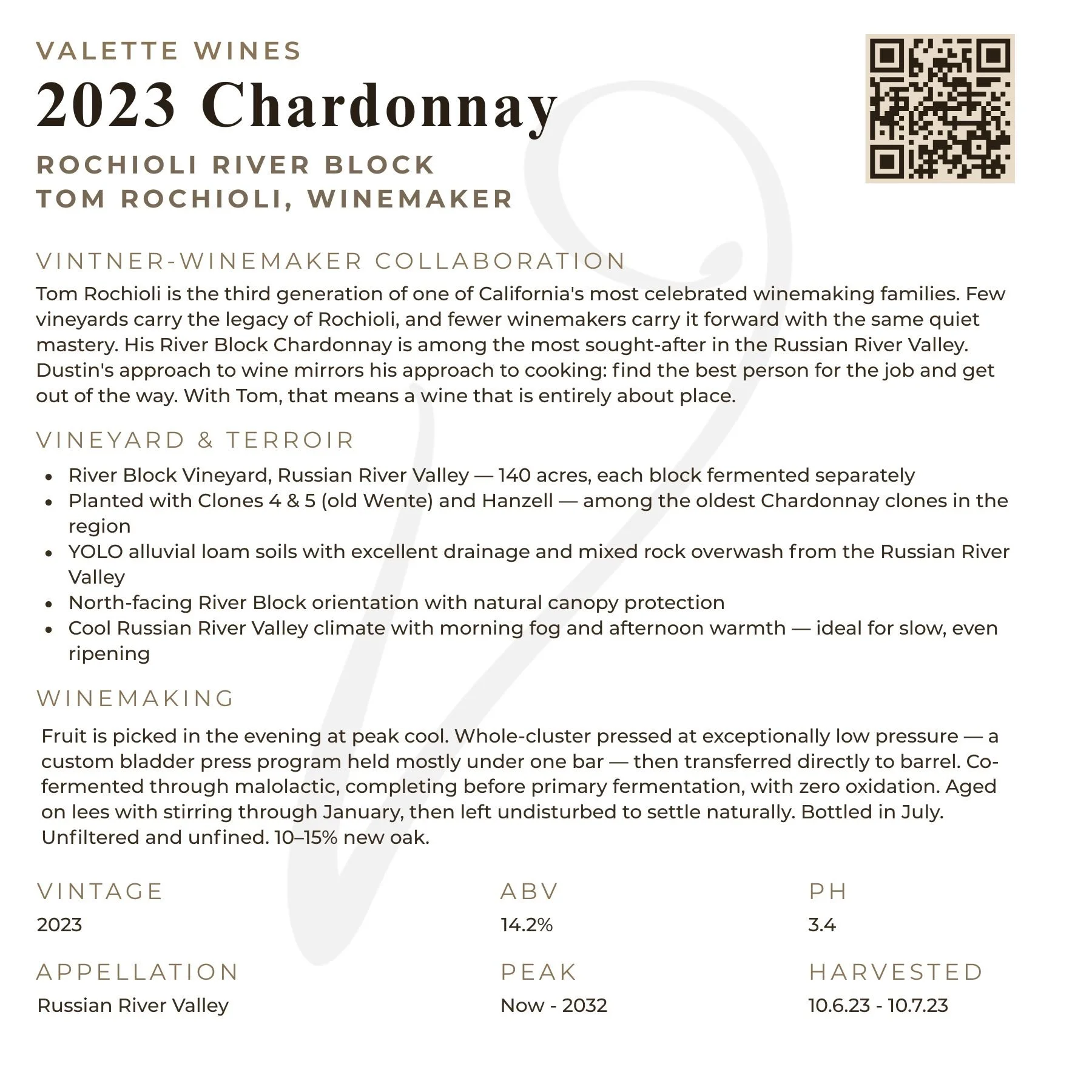 2023 Valette Rochioli Chardonnay tech sheet