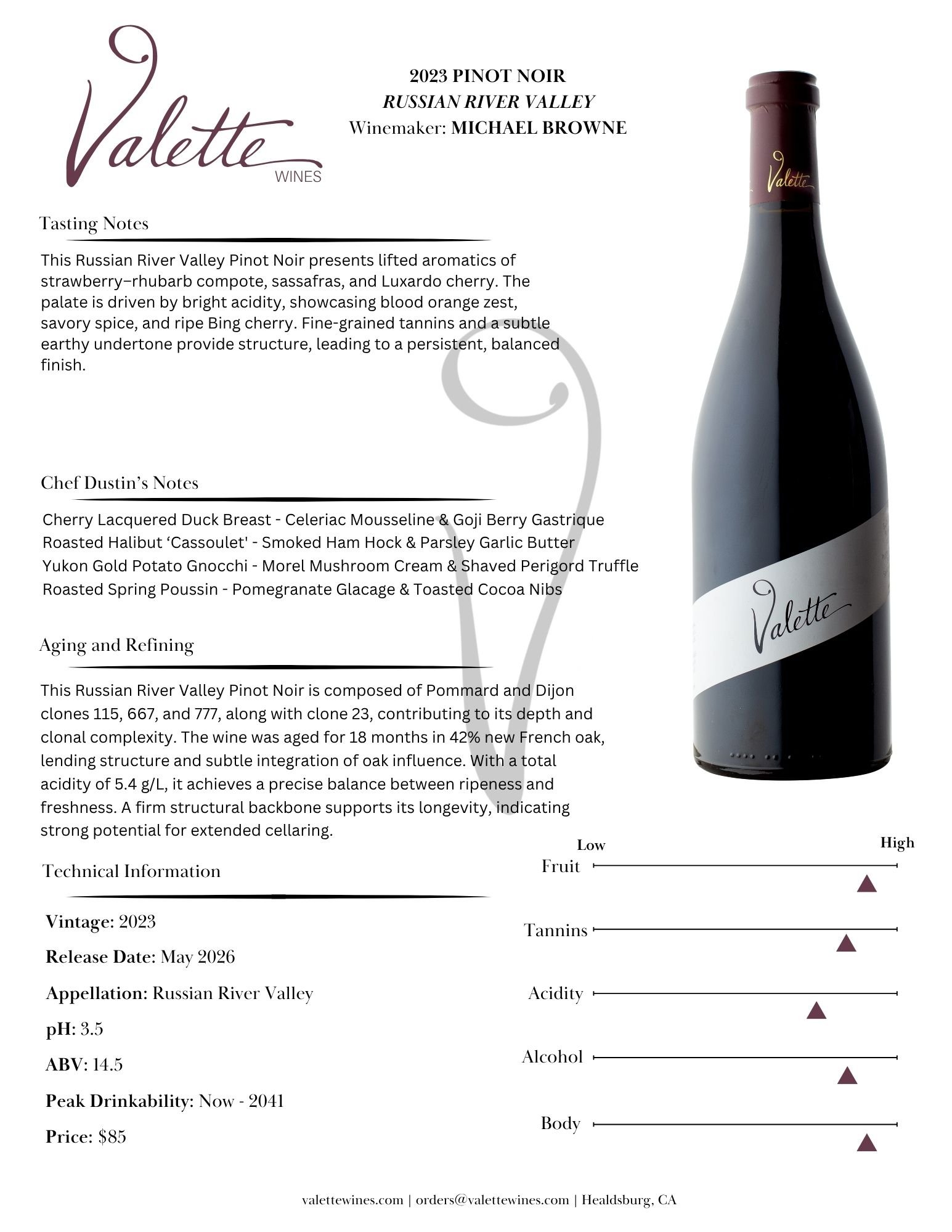2023 Valette Browne Pinot Noir tasting notes sheet
