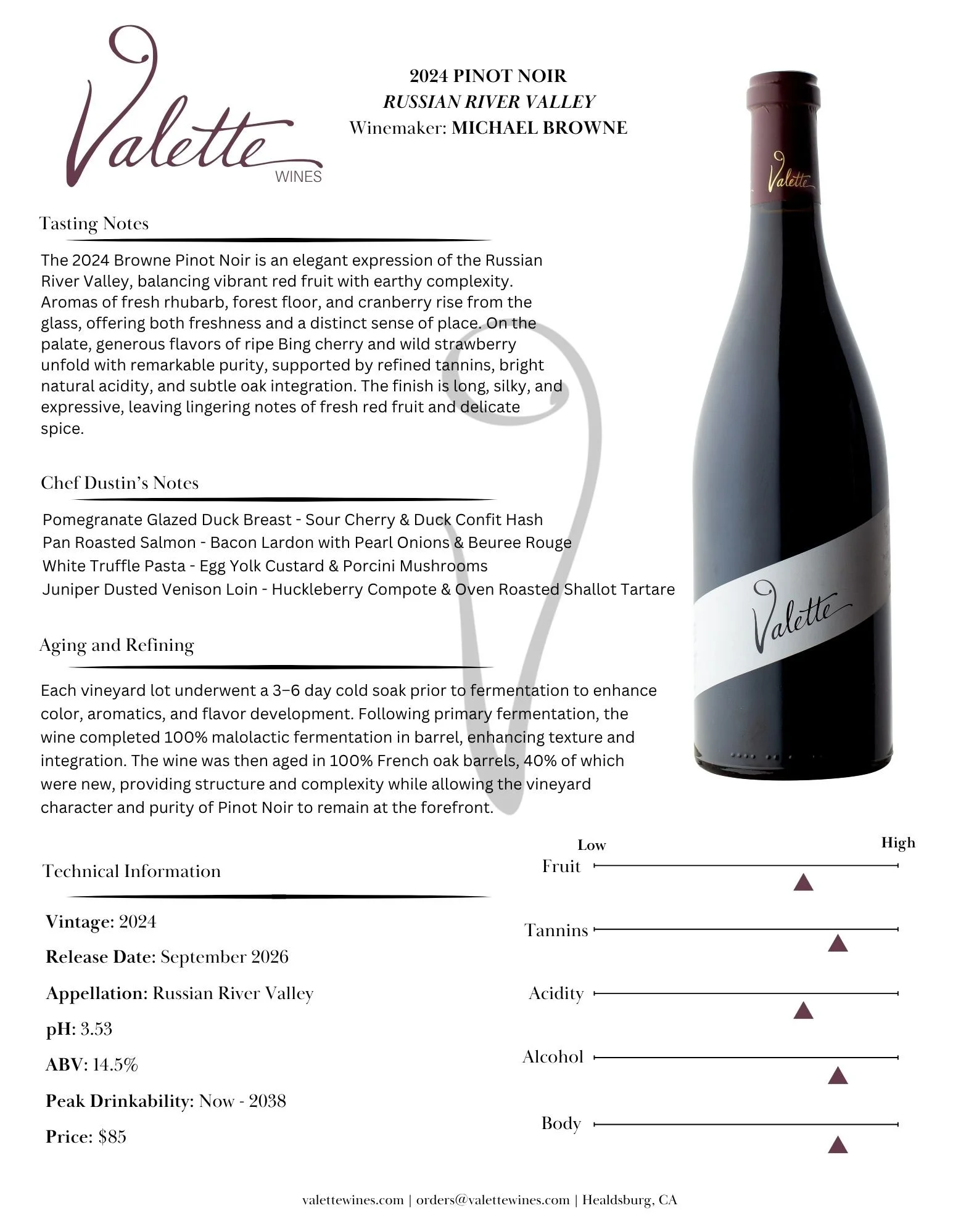 Wine Tech sheet for the 2024 Browne Pinot Noir
