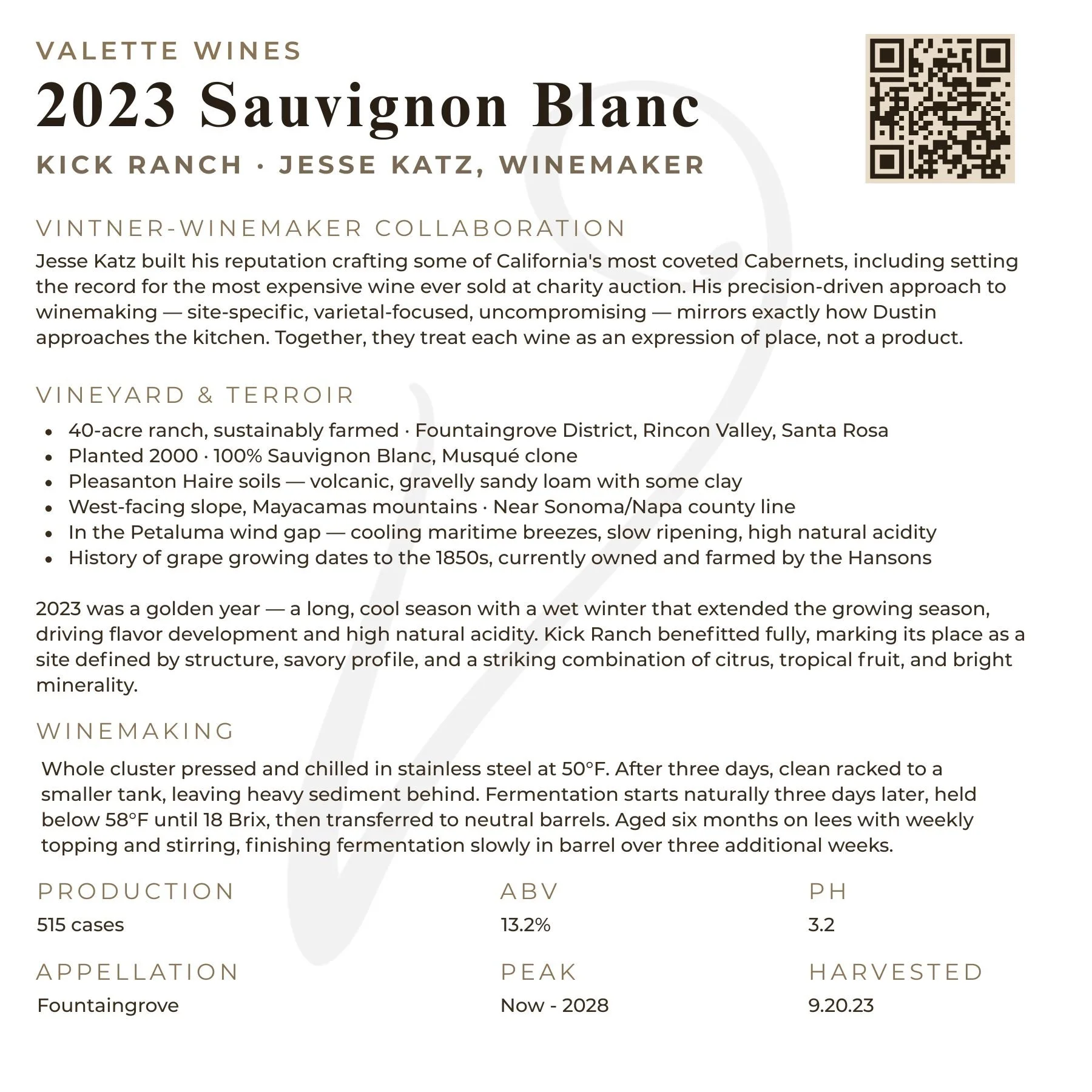 2023 Valette Sauvignon Blanc tech sheet