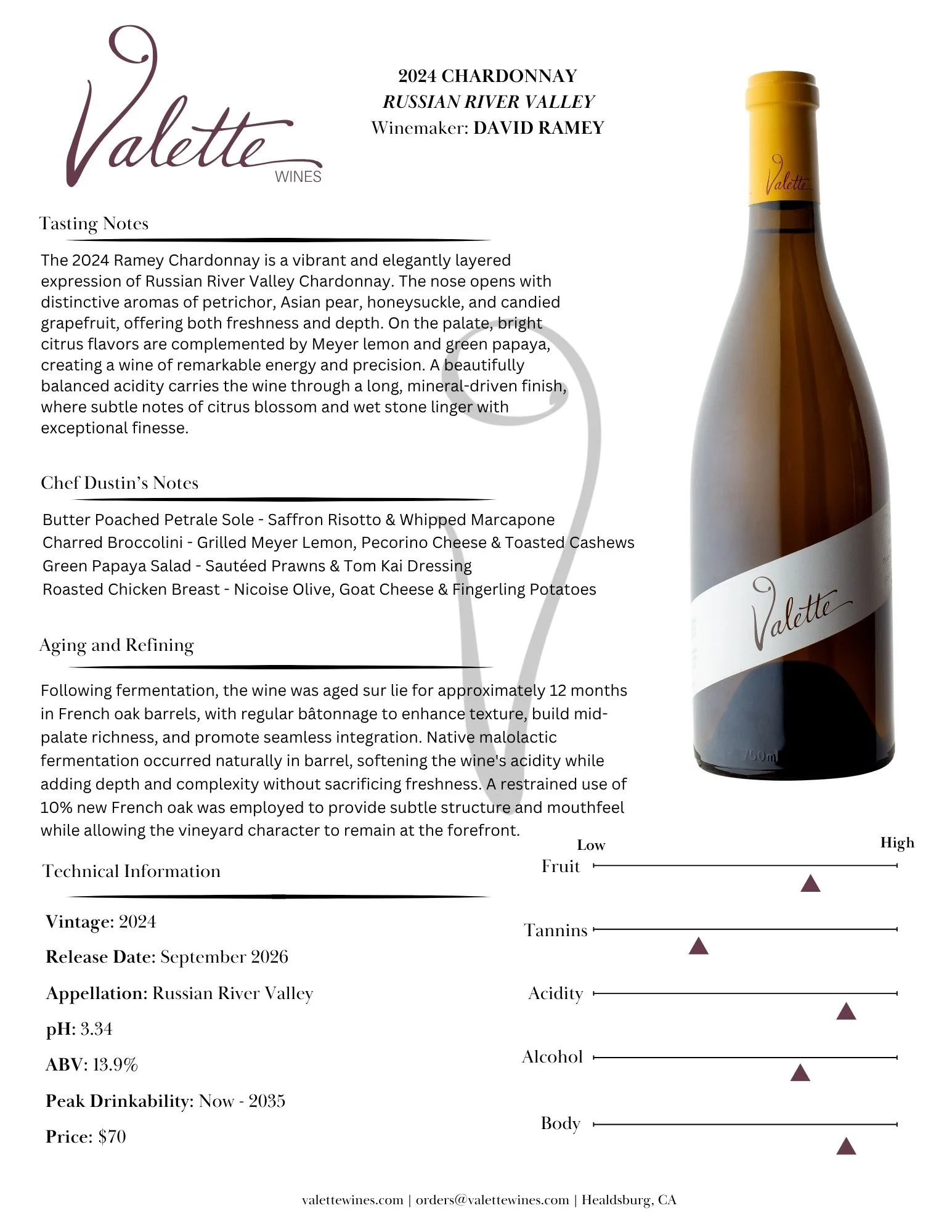 Wine Tech sheet for the 2024 Ramey Chardonnay