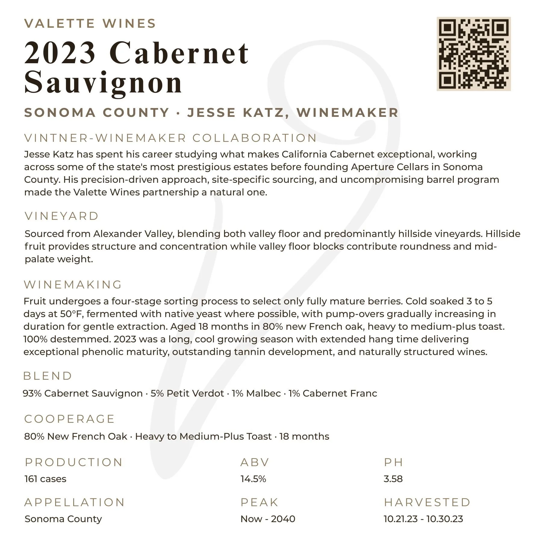 wholesale tech sheet for the 2023 Sonoma County Cabernet Sauvignon