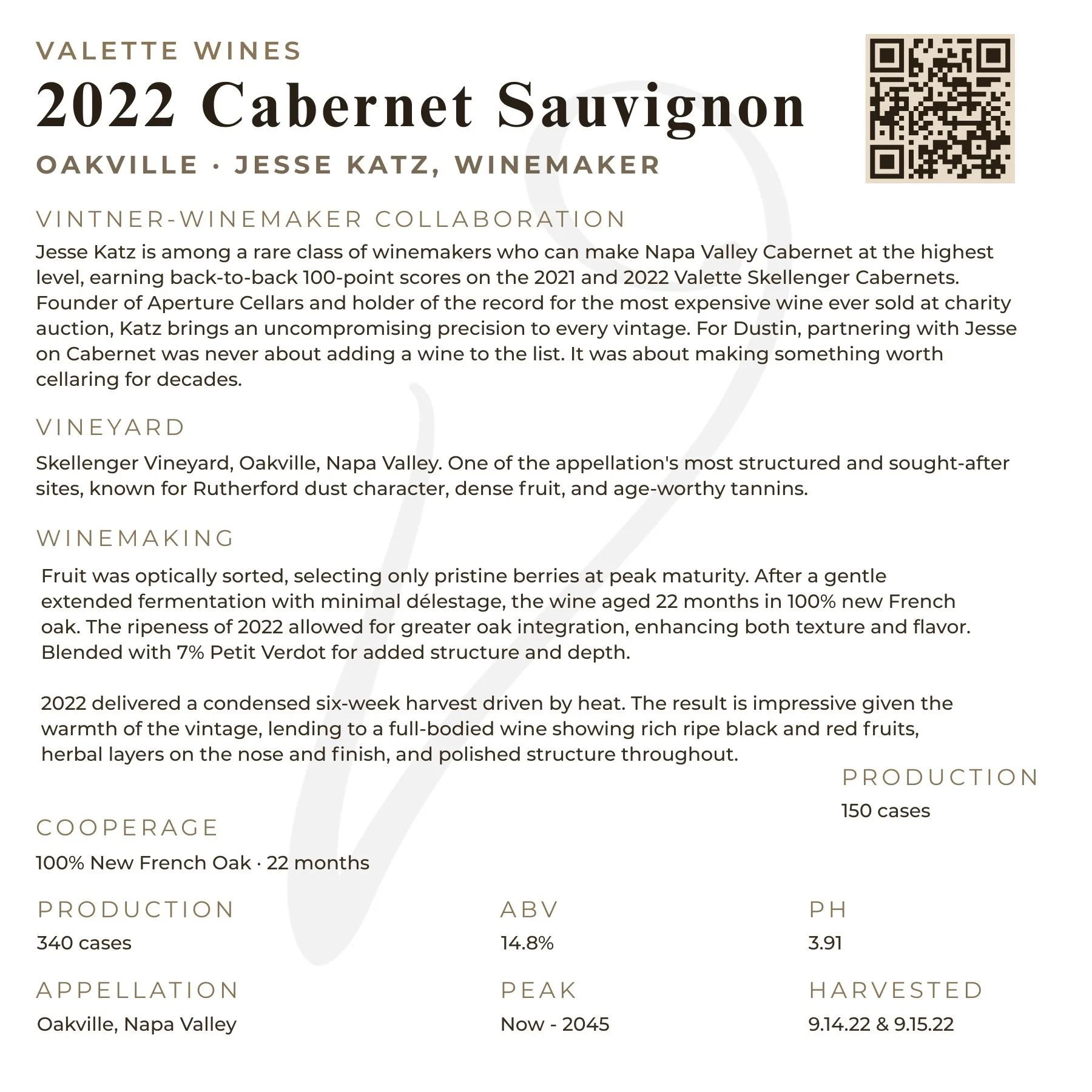 2022 Valette Cabernet Sauvignon tech sheet