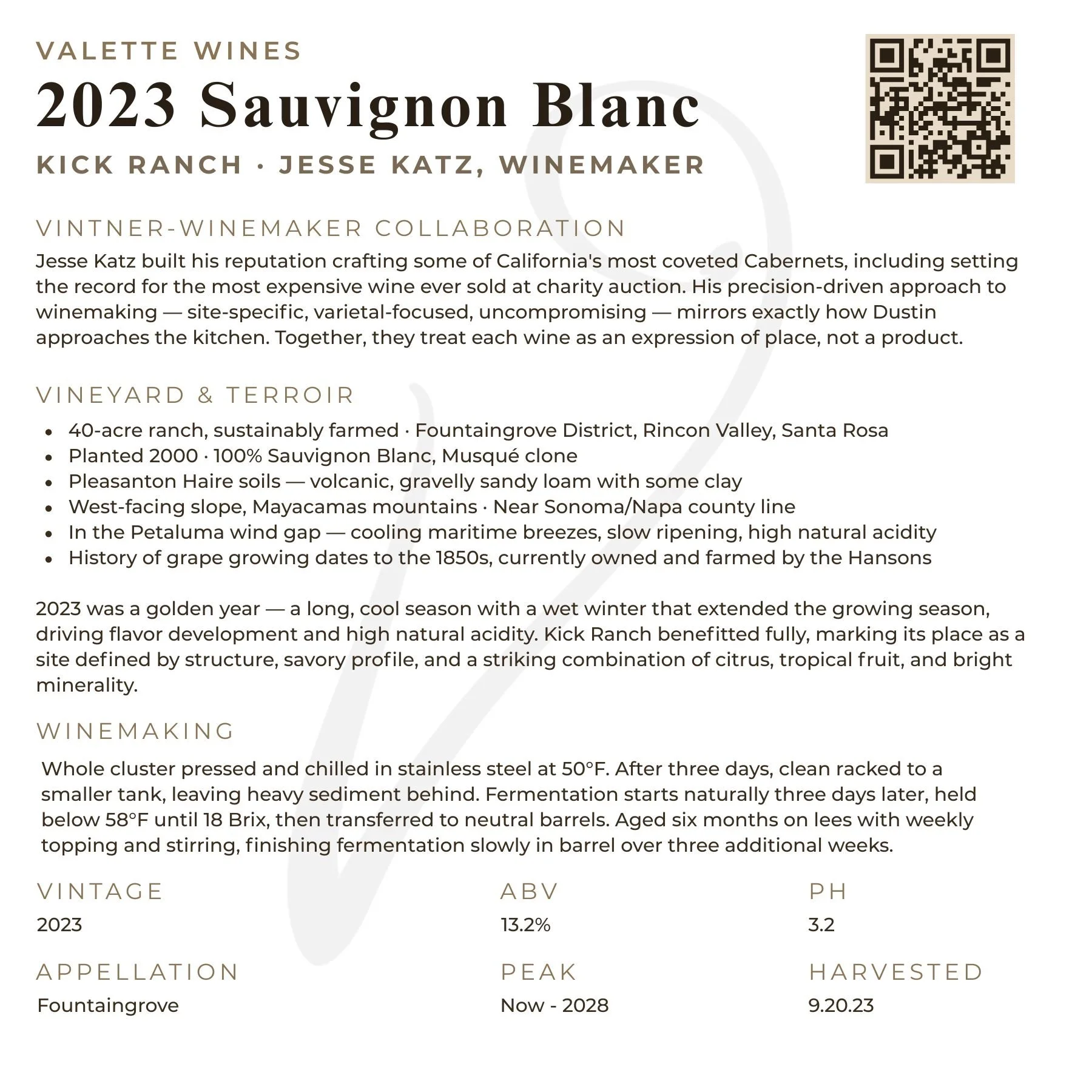 2023 Valette Sauvignon Blanc tech sheet