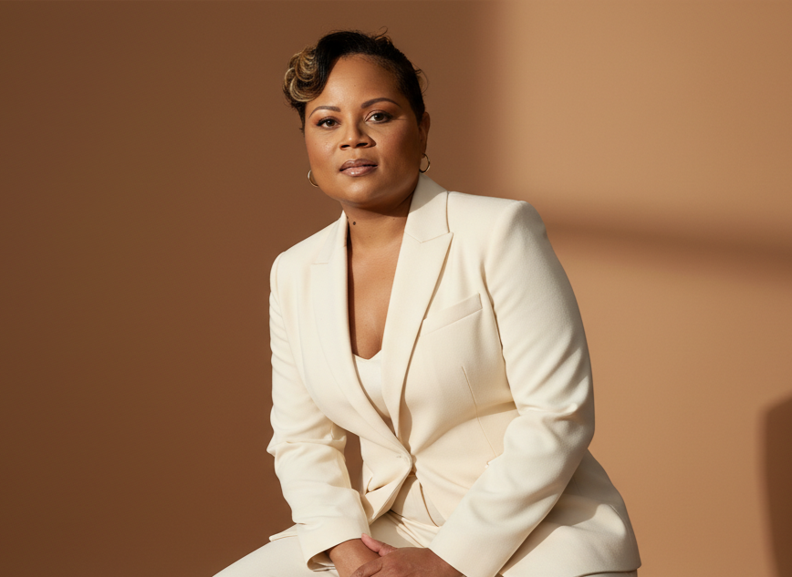A woman sitting against a plain background, wearing a white blazer and matching pants, with short styled hair and hoop earrings.