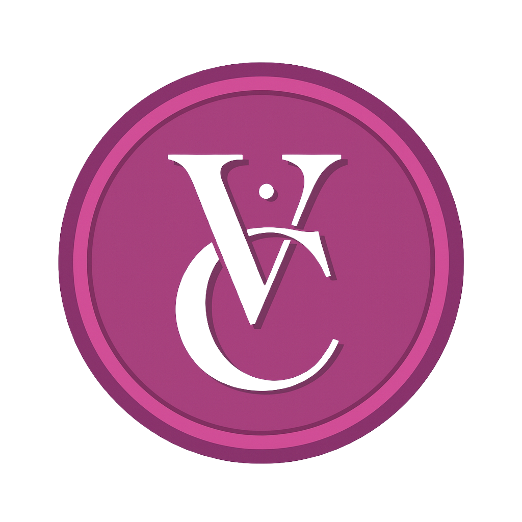 A round, purple badge with the letters VC in white, arranged in an overlapping and stylized manner, representing a small, local jewelry store in Richmond, VA called Victoria Charles Jewelry.