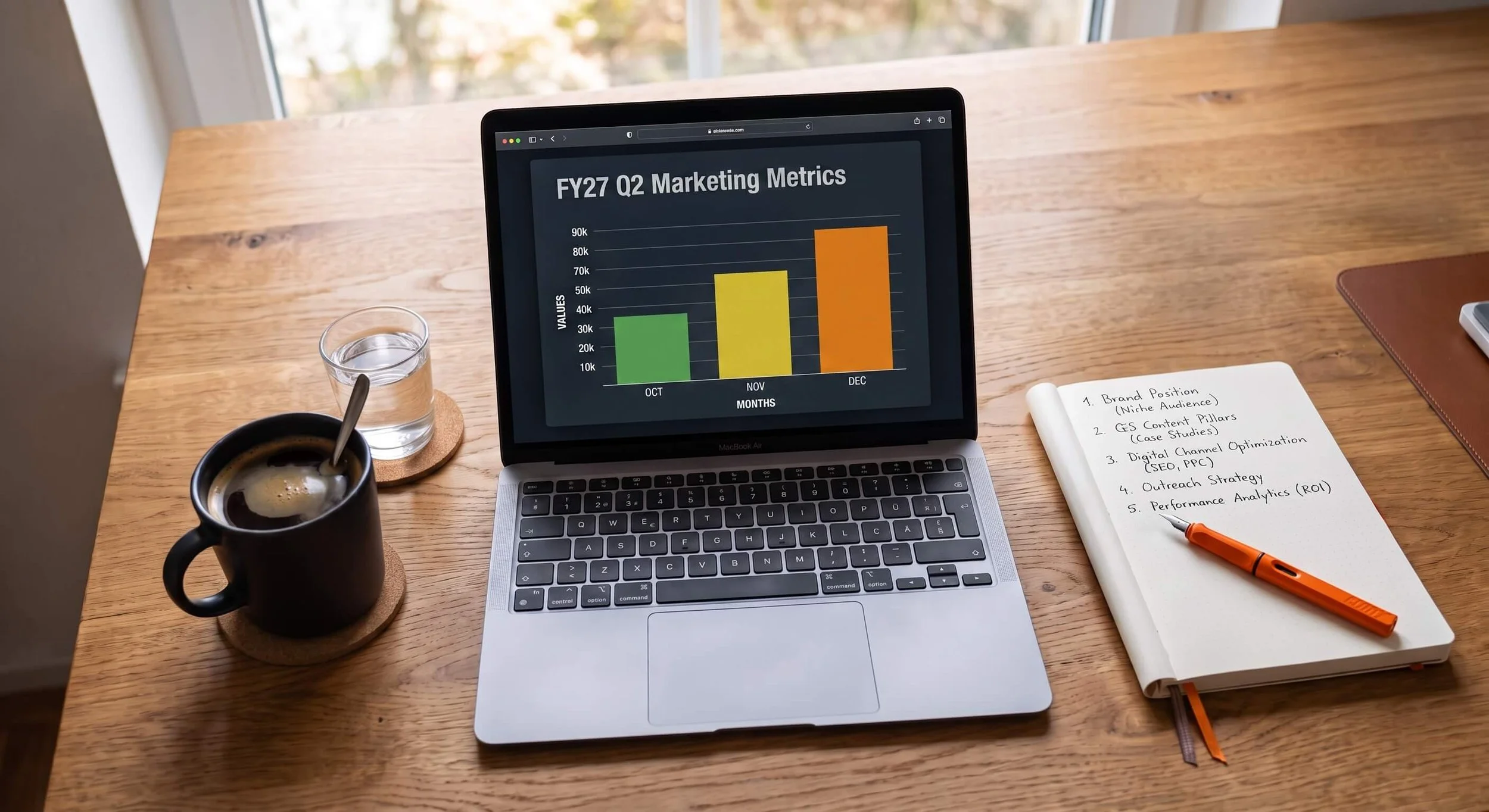 A laptop displaying a digital marketing growth strategy chart for FY27 on a wooden desk, alongside a notepad with SEO and PPC notes, representing Hermleigh Digital's no-nonsense approach.