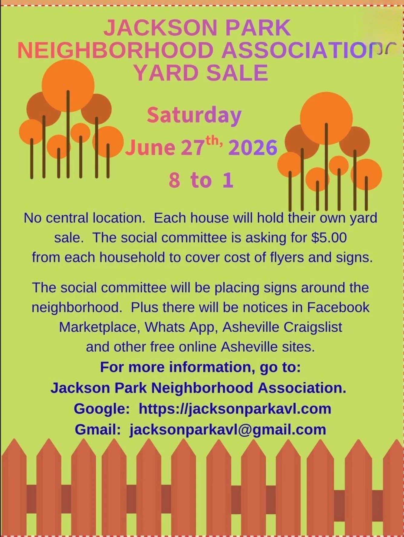 JAckon Park Yard Sale Flyer with Date, Time, and Instructions