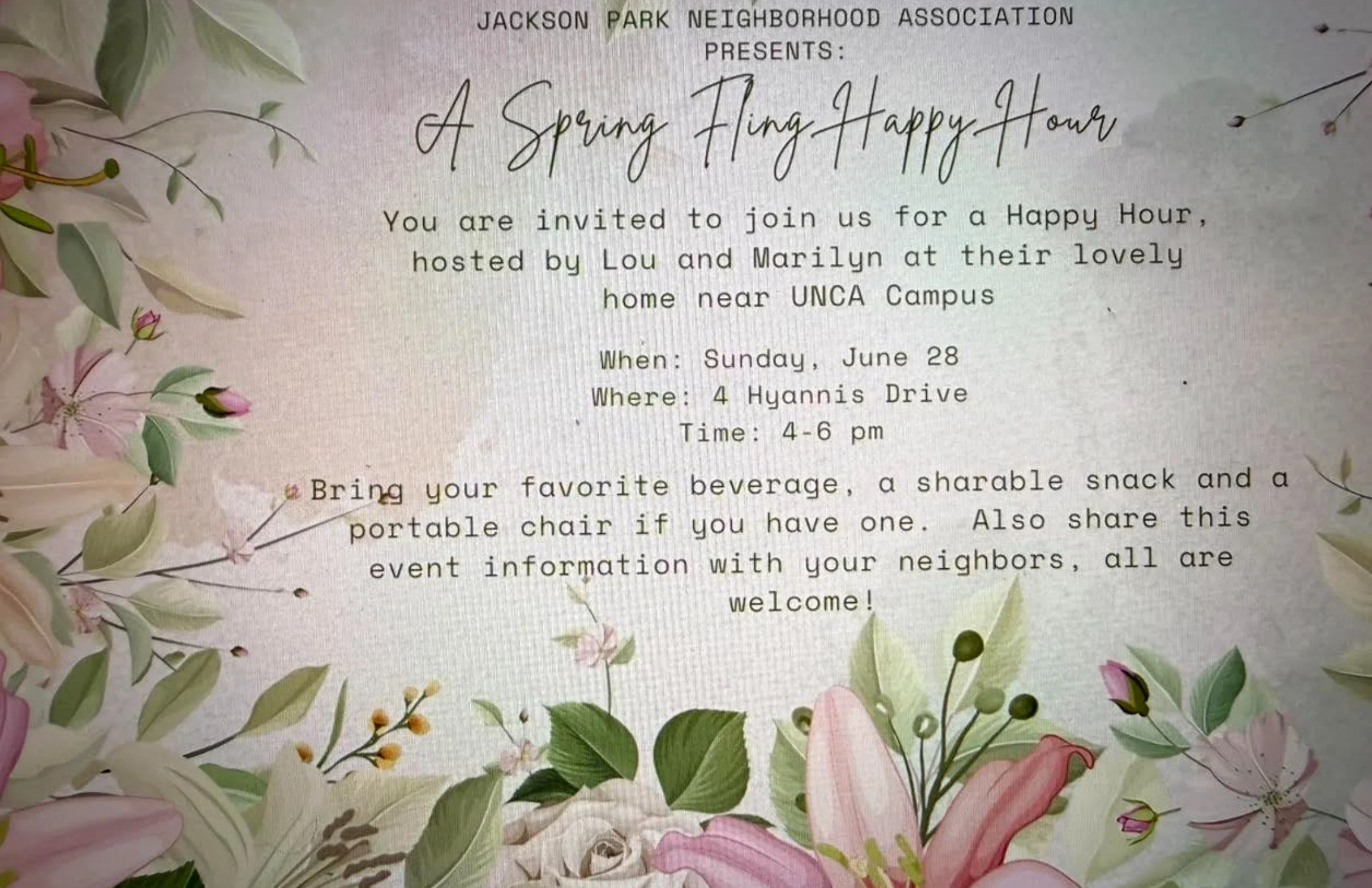 JAckson Park Happy Hour Flyer with Date, Time, and Instructions