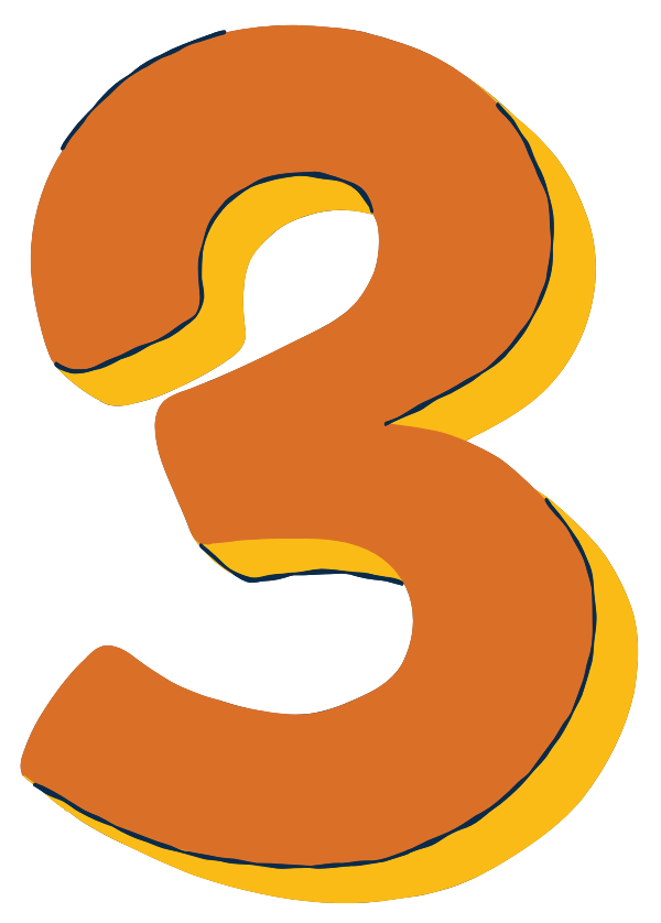 A colorful number three with orange and yellow sections and a dark outline.