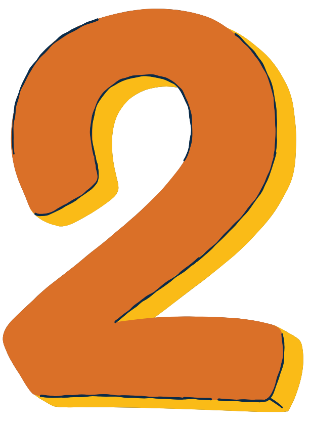 Large cartoon-style number two with brown front and yellow shadow on a black background.