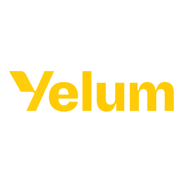 Logotipo com a palavra 'Yelum' em letras amarelas sobre fundo branco.