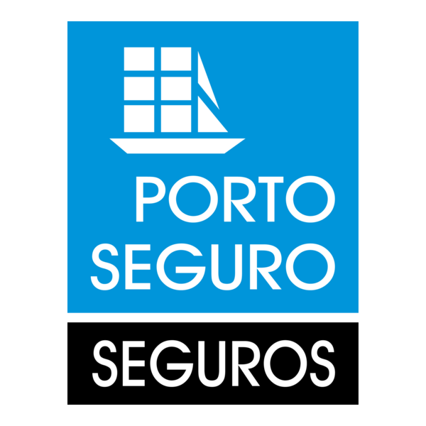 Logotipo azul com ícone de um navio e texto 'PORTO SEGURO' acima e 'SEGUROS' em fundo preto abaixo.