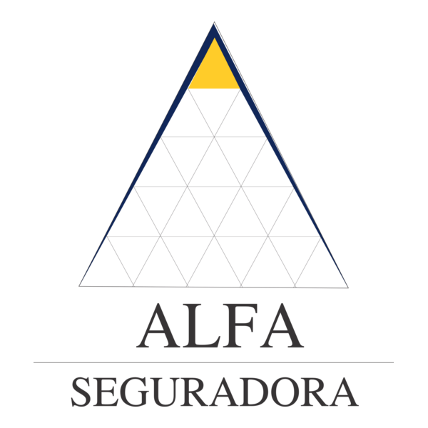 Logotipo da Alfa Seguradora com um triângulo amarelo na parte superior e o nome escrito abaixo.