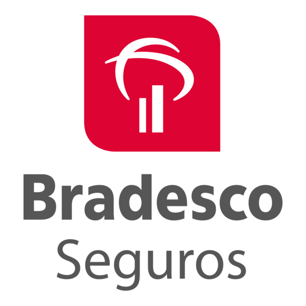 Logotipo da Bradesco Seguros, uma caixa vermelha com símbolo branco e nome da empresa em preto e cinza.