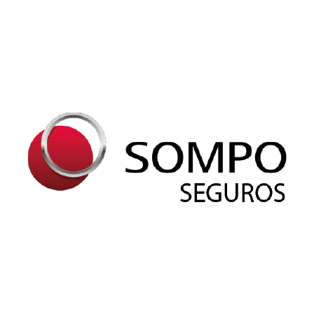 Logotipo da Sompo Seguros, com uma esfera vermelha e cinza ao lado do nome da empresa.